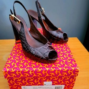 Tory Burch brown patent slingback